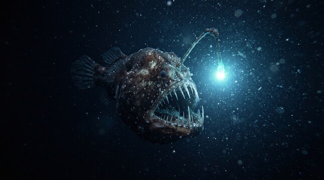 Deep sea anglerfish with sharp glowing teeth swimming through dark water illuminated by a bright bioluminescent lure in the ocean