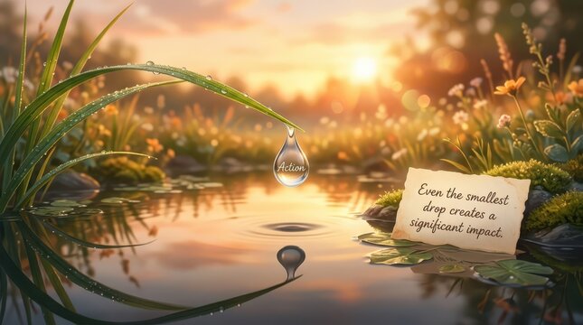 Sunrise serene moment: single water drop falls from grass into calm water, inspiring quote card.