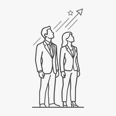 Obraz premium Creative Black and White Line Drawing of Two Professionals Reaching for a Star with an Upward Arrow Symbolizing Success and Goals