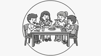 Obraz premium Creative Black and White of Four Children Joyfully Eating Together at a Round Table with Bowls Spoons and Drinks