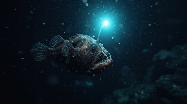 Fierce deep sea anglerfish with glowing bioluminescent lure swimming through the dark mysterious waters of the remote ocean depths below
