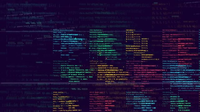 Abstract digital screen with scrolling colorful computer code and programming data on dark background