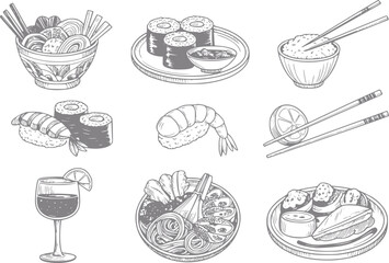 Colección dibujada a mano de comida japonesa con sushi, ramen, cuencos de arroz y bebidas en un estilo © Vector_Mint