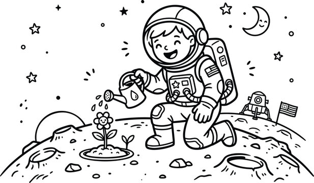 Cute astronaut kneeling on moon watering a small flower coloring book page vector illustration with space background and stars