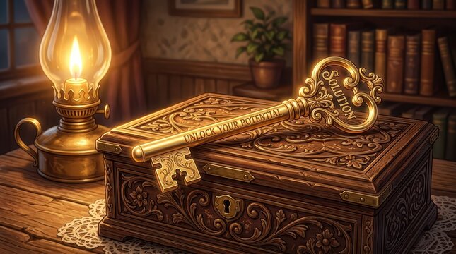 Vintage ornate golden key with 'unlock your potential' and 'solution' inscribed on a carved wooden treasure chest, illuminated by an oil lamp