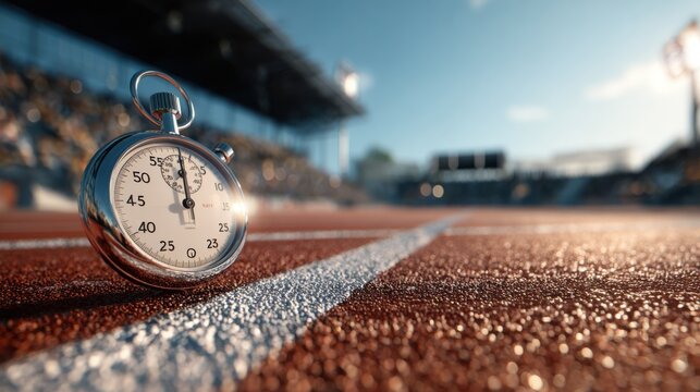 Vintage Stopwatch on a Running Track with Blurred Audience in Background at a Sunlit Outdoor Sports Event