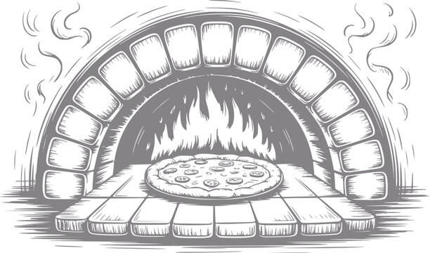 Dibujo a mano de una deliciosa pizza horne&aacute;ndose dentro de un horno de ladrillos tradicional de piedra a le&ntilde;a