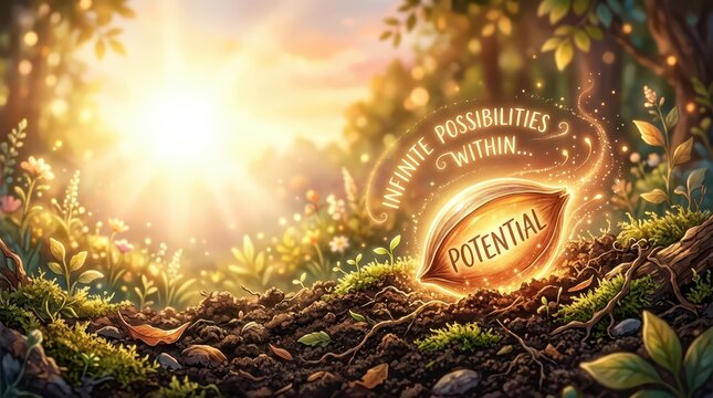 Symbolic glowing seed labeled 'Potential' in sun-drenched forest floor, representing growth, opportunity, and infinite possibilities