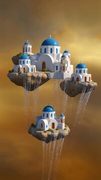 Surreal Floating Santorini Islands with Cascading Waterfalls Generative AI