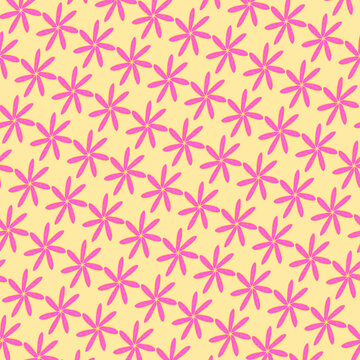 a bright, scattered seamless pattern composed of six-petaled pink flowers with thin yellow outlines, randomly arranged across a soft cream-yellow background.