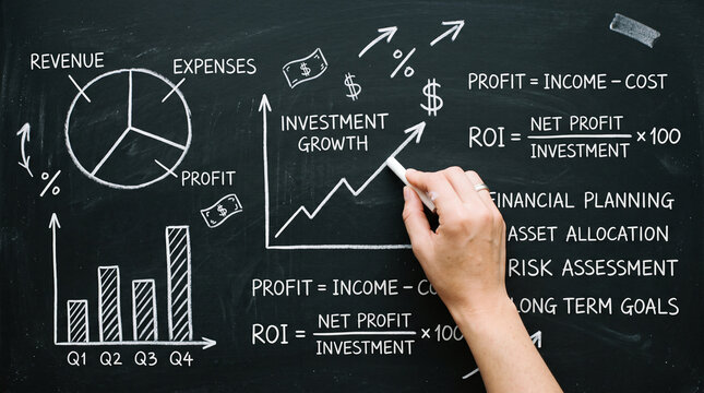 Business finance chart and graph on chalkboard. A hand drawing a line graph showing investment growth, with formulas and other financial diagram elements.