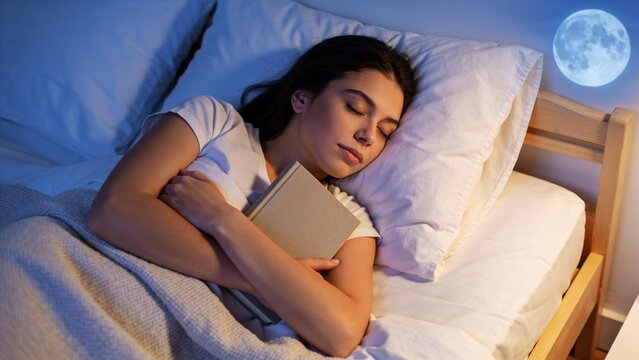 Peaceful Young Adult Sleeping While Holding a Blank Hardcover Book After Evening Reading Promoting Healthy Sleep, Relaxation, Learning and Mental Wellness