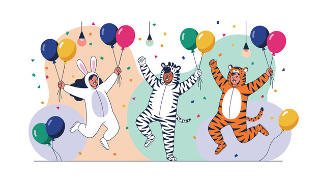 Happy kids jumping and celebrating in animal costume onesies of rabbit, zebra and tiger while holding balloons.