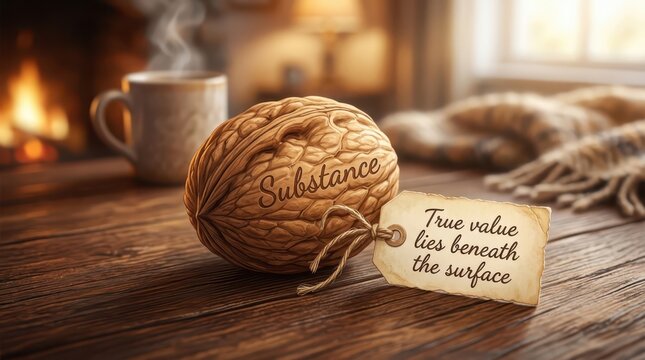 Walnut with 'Substance' carved and tag 'True value lies beneath the surface' near cozy fireplace and warm blanket