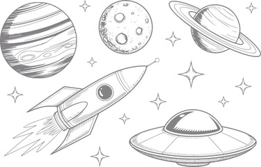 Dibujo a mano del espacio con una nave espacial, planetas, una luna y un platillo volante con estrellas © Vector_Mint