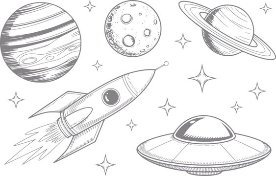 Dibujo a mano del espacio con una nave espacial, planetas, una luna y un platillo volante con estrellas