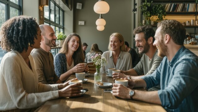 Happy Diverse Friends Sharing Coffee and Conversation in Modern Cozy Caf&eacute;