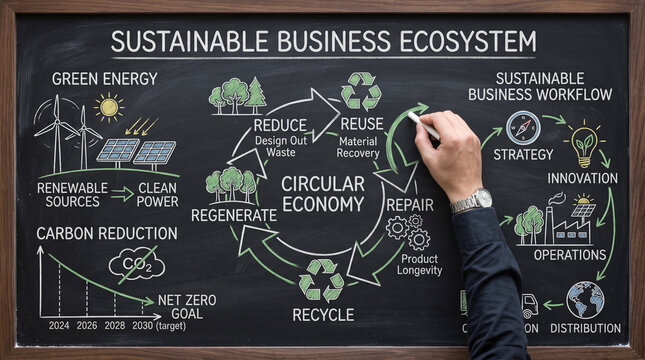 A chalkboard diagram illustrating a sustainable business ecosystem and the circular economy, with a hand drawing with chalk. The diagram includes elements like renewable energy, carbon reduction.