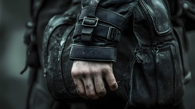 Close-up of a hand gripping a rugged backpack strap tightly, knuckles white with tension, suggesting travel or adventure. Dark tones, gritty texture, focused on human emotion and physical strain.