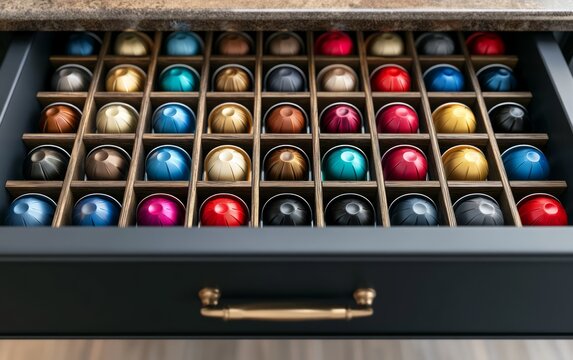 Organized Coffee Capsule Drawer with Colorful Capsules Displayed Neatly in a Modern Hotel Room Setting