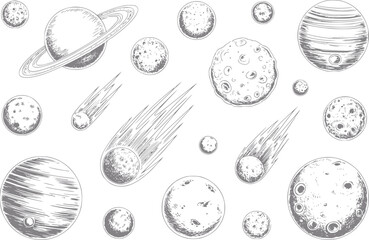 Dibujo a mano de varios planetas, lunas y cometas flotando en el espacio profundo sobre un fondo blanco © Vector_Mint