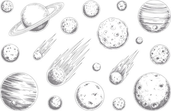 Dibujo a mano de varios planetas, lunas y cometas flotando en el espacio profundo sobre un fondo blanco