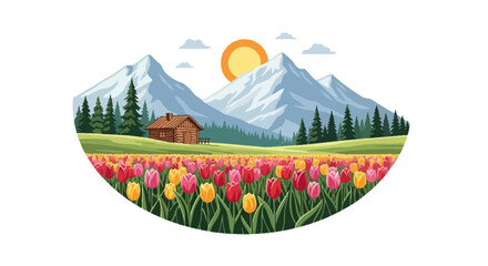 Wooden cabin in mountain valley with blooming tulip field © jidan