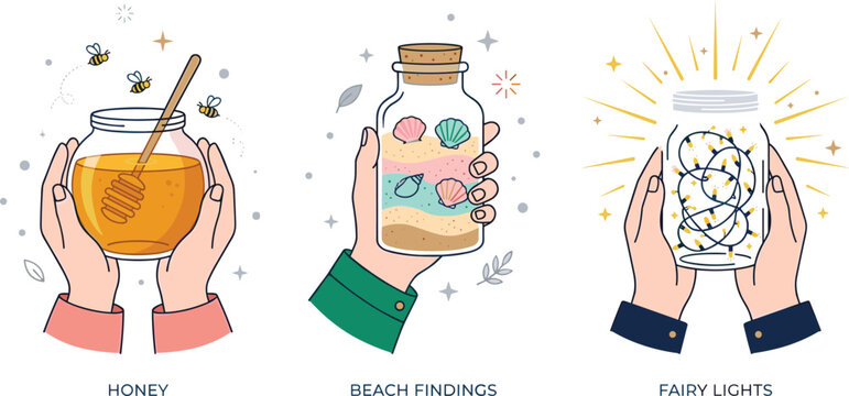 Cute hand drawn illustration set holding jars filled with sweet honey, beach sand souvenirs, and glowing magical string fairy lights for cozy lifestyle vector designs