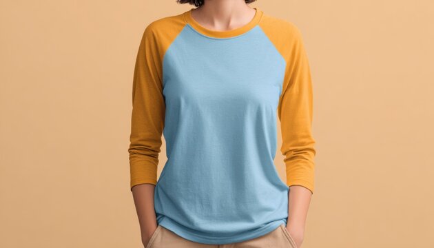 Woman wearing colorblock raglan tee mockup for apparel design and branding