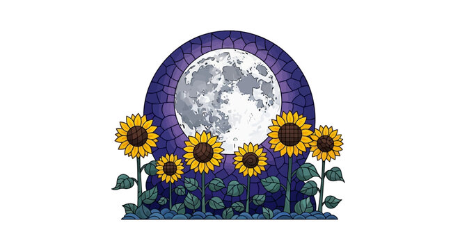 Sunflowers blooming against a full moon with mosaic texture