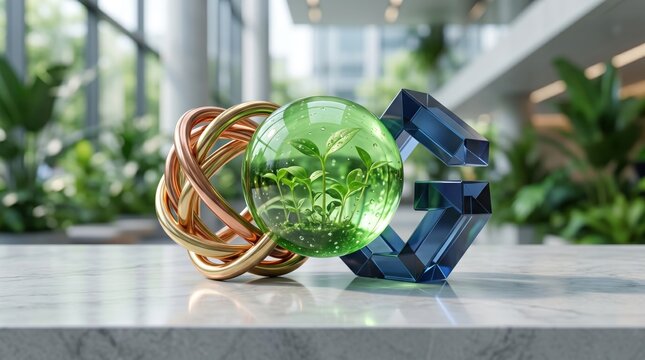 Abstract 3D recycling symbol with green glass sphere containing plants, copper loops, blue geometric shapes, sustainability, renewable energy, ecology, environmental conservatio...