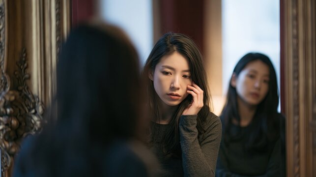 A young Asian woman talking on her phone while looking at her reflection in a mirror