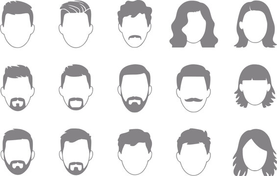 Set de diversas siluetas de cabezas masculinas y femeninas con varios peinados y estilos de vello facial sobre fondo blanco