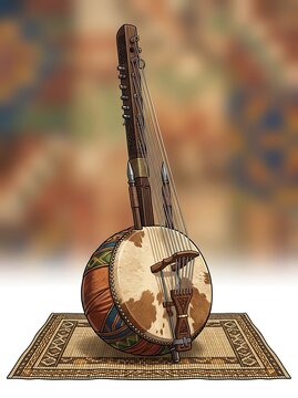 Handcrafted traditional west african kora on a decorative mat