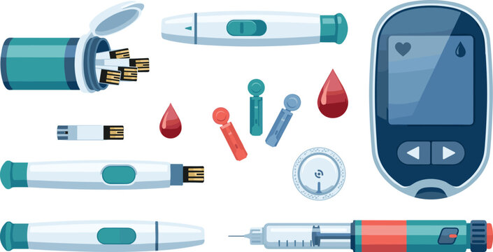 Diabetes blood glucose monitoring kit vector set with digital glucometer, testing strips, lancing devices, lancets, blood drops, and insulin syringe pen for medical designs