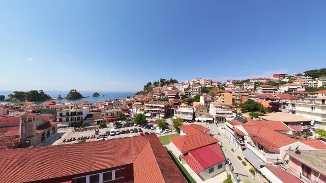 Parga resort town, mainland coastal town in Greece, Aerial view