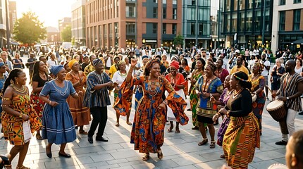 Joyful group dancing in traditional african attire at city plaza