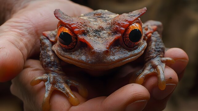 Close-up of human hands gently holding a rare, colorful frog with striking orange eyes and textured skin. Natural wildlife portrait emphasizing unique amphibian features and tactile interaction.