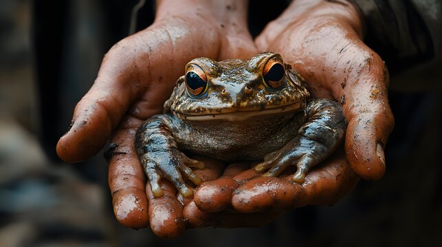 Close-up of muddy hands gently cradling a rare, textured frog with striking eyes. Natural wildlife moment capturing curiosity and connection with nature. Ideal for conservation, animal care.