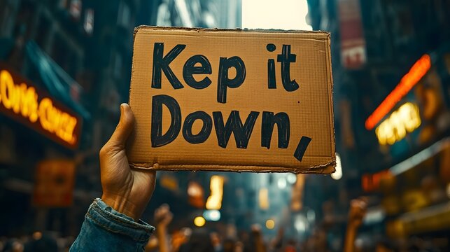 Hand holding protest sign reading 'Keep it Down' in urban crowd setting conveying frustration or activism. Urban street background with blurred lights and people. Emotive, social commentary style.