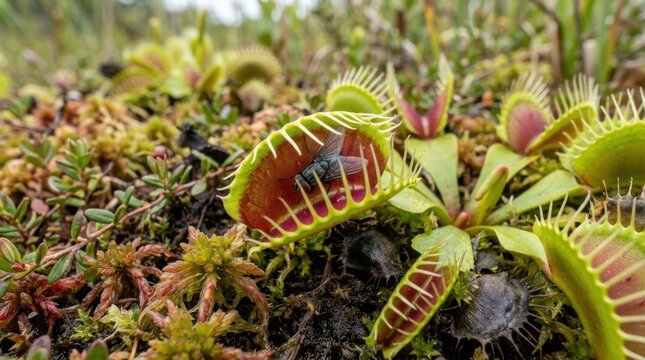 Extreme close up portrait of wild carnivorous Venus flytrap plant catching an insect fly between green trap leaves