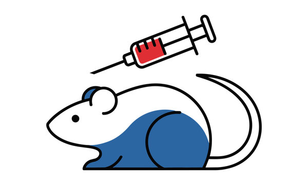 Minimalist flat design icon of a laboratory rat in profile with a medical syringe above, isolated on a pure white background. Scientific research concept