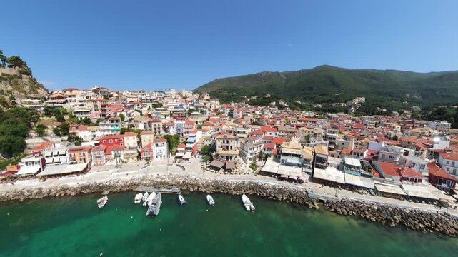 Parga resort town, mainland coastal town in Greece, Aerial view