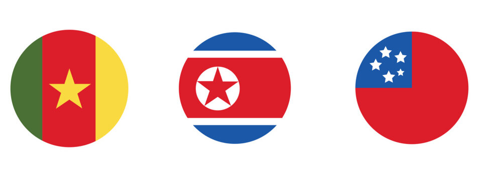 Three round national flags cameroon north korea samoa with cameroon