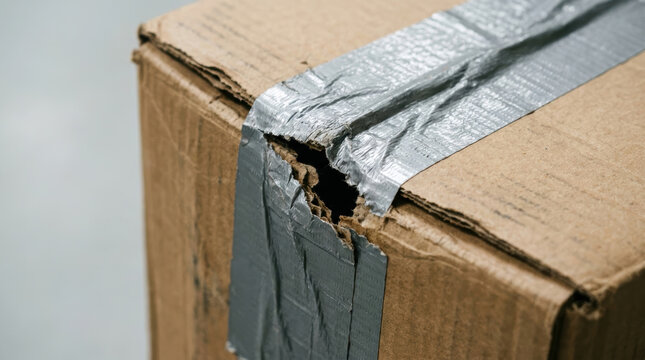 Damaged cardboard box with torn duct tape highlights supply chain challenges and need for careful handling during transport and delivery