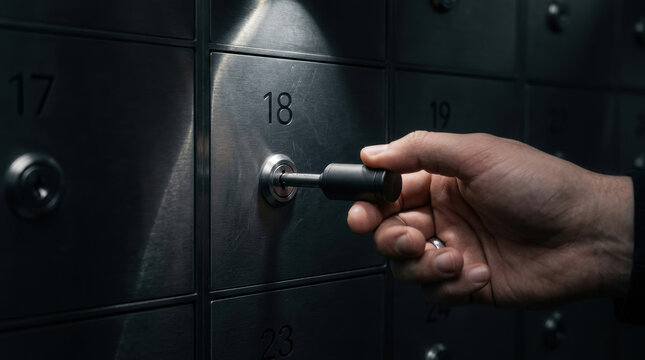 Hand inserting key into safe deposit box 18 showing supply chain security concept in dark metal vault