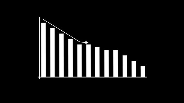 Business graph chart arrow line down white color animation on black background. growth concept white moving.