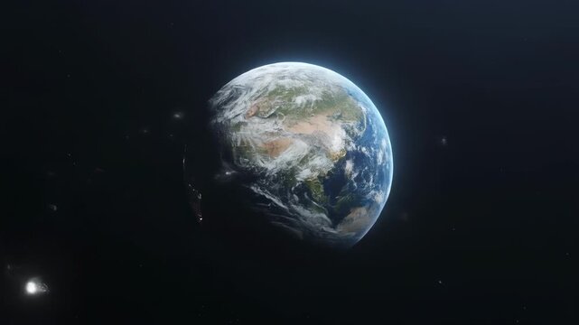 Earth rotating in space with distant stars and cosmic clouds