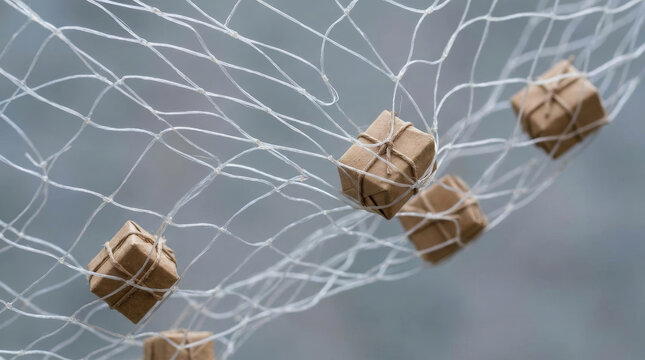 Small cardboard boxes caught in white net symbolizing supply chain challenges and logistics issues in transportation and delivery systems