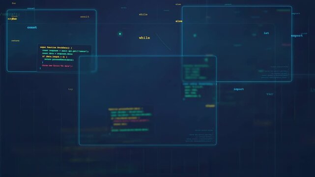 Abstract digital background with floating computer code windows and glowing data elements on dark blue